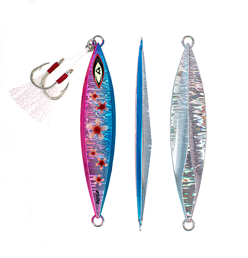 Front, Side and Back of Blue Slow Pitch Saltwater Fishing Jig - Big Daisy