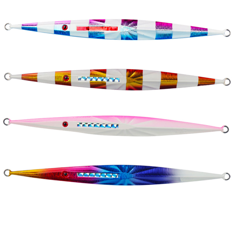 Vertical Sinking Lead Jig - Starburst in Rainbow, White, Gold and Blue
