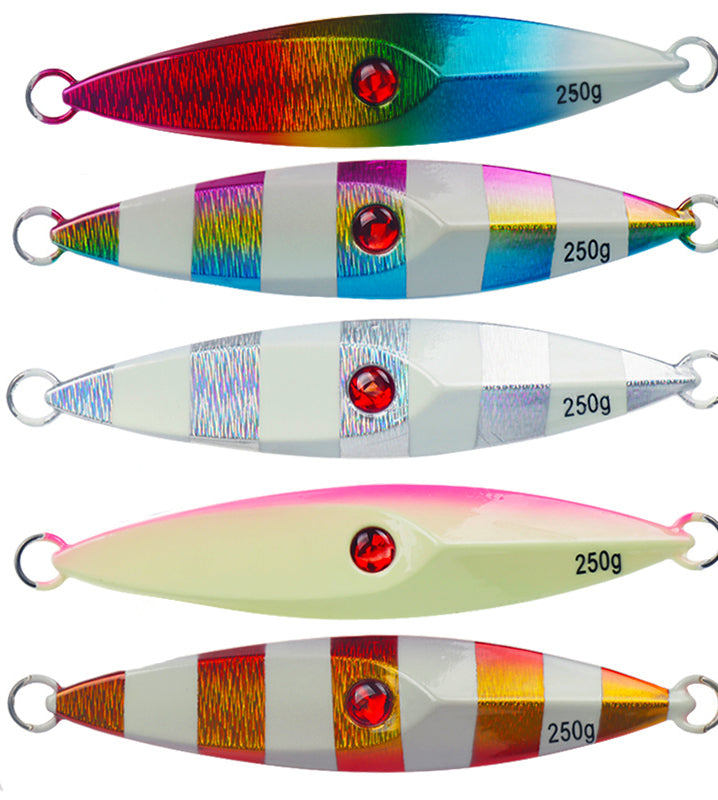 Front of Offshore Lead Slow Pitch Jig - Ula in Gold, Silver, Rainbow, Blue and White