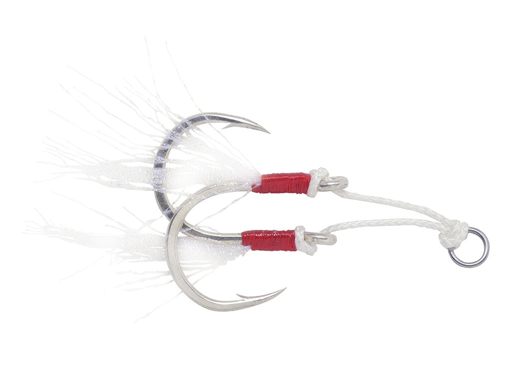 double assist hook, vertical metal jigs, Chemically sharpened, extra-long hook with Micro-barb, solid ring, and  Hi-carbon steel