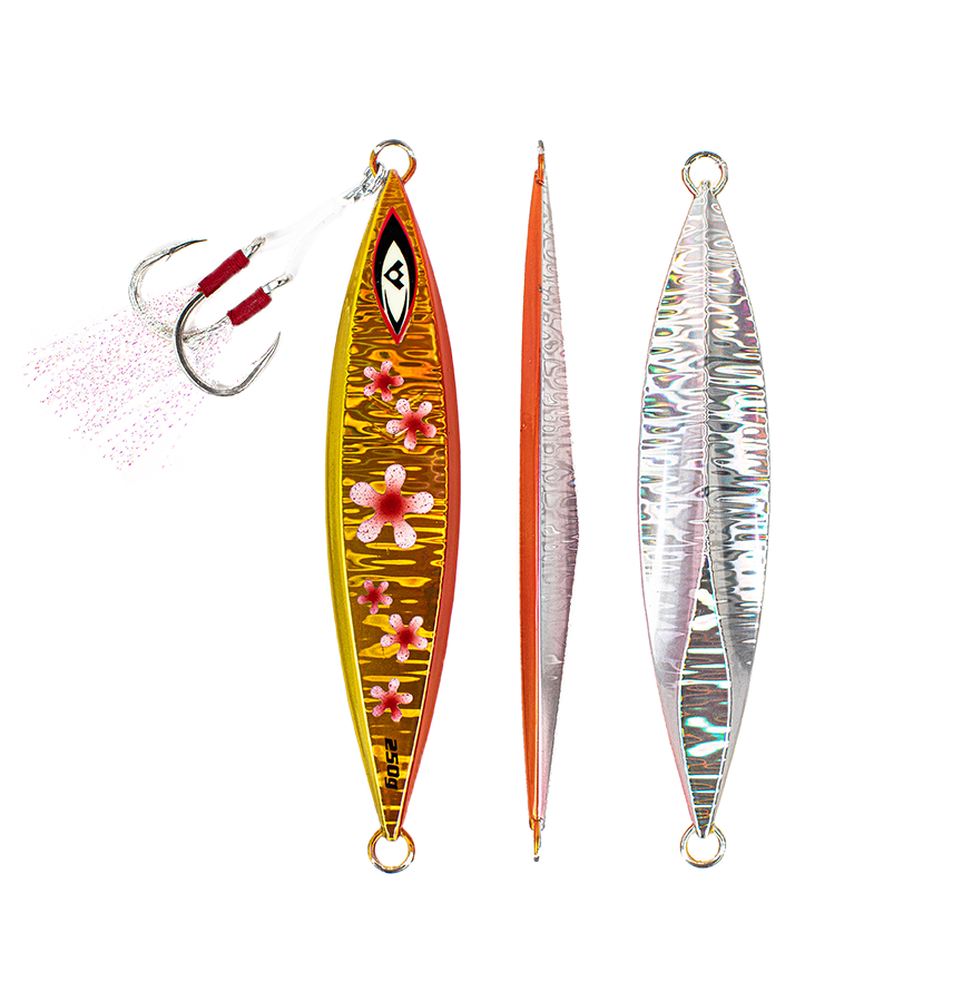Front, Side and Back of Gold Slow Pitch Saltwater Fishing Jig - Big Daisy