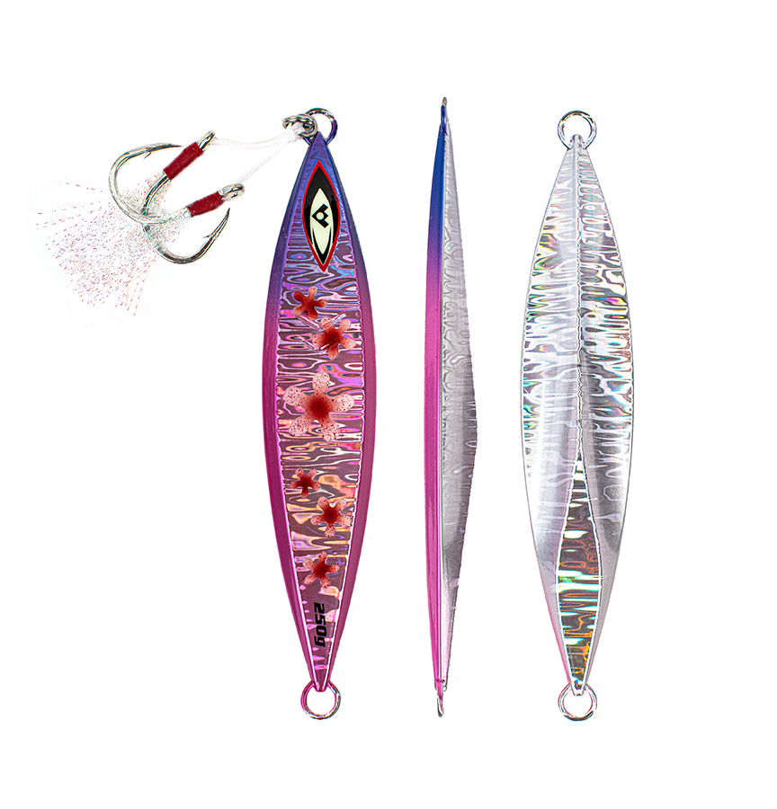 Front, Side and Back of Pink Slow Pitch Saltwater Fishing Jig - Big Daisy