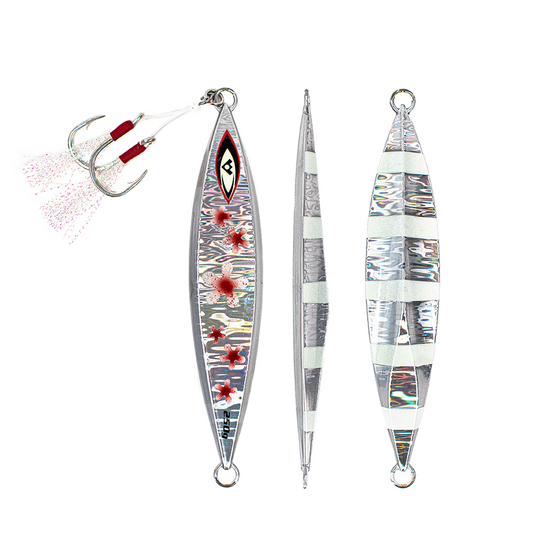 Front, Side and Back of Silver Slow Pitch Saltwater Fishing Jig - Big Daisy