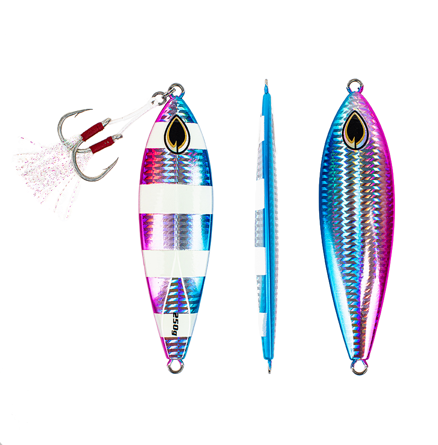 Front, Side and Back of Blue Slow Pitch Flat - Fall Jig - PHATTY
