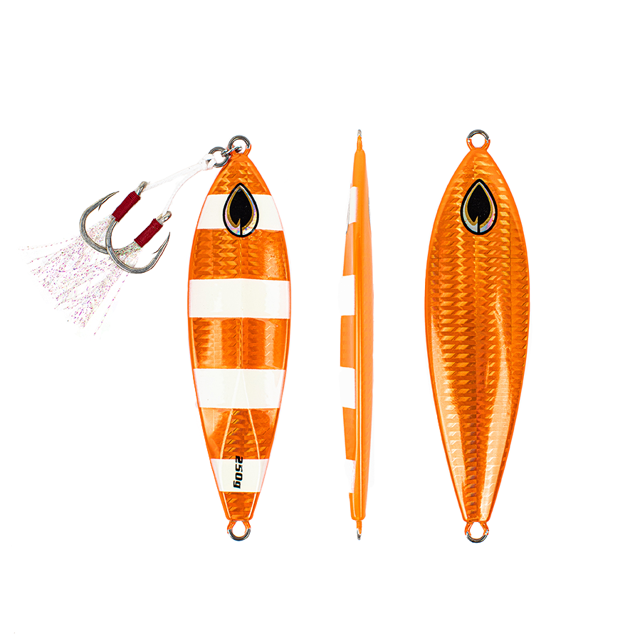 Front, Side and Back of Orange Slow Pitch Flat - Fall Jig - PHATTY