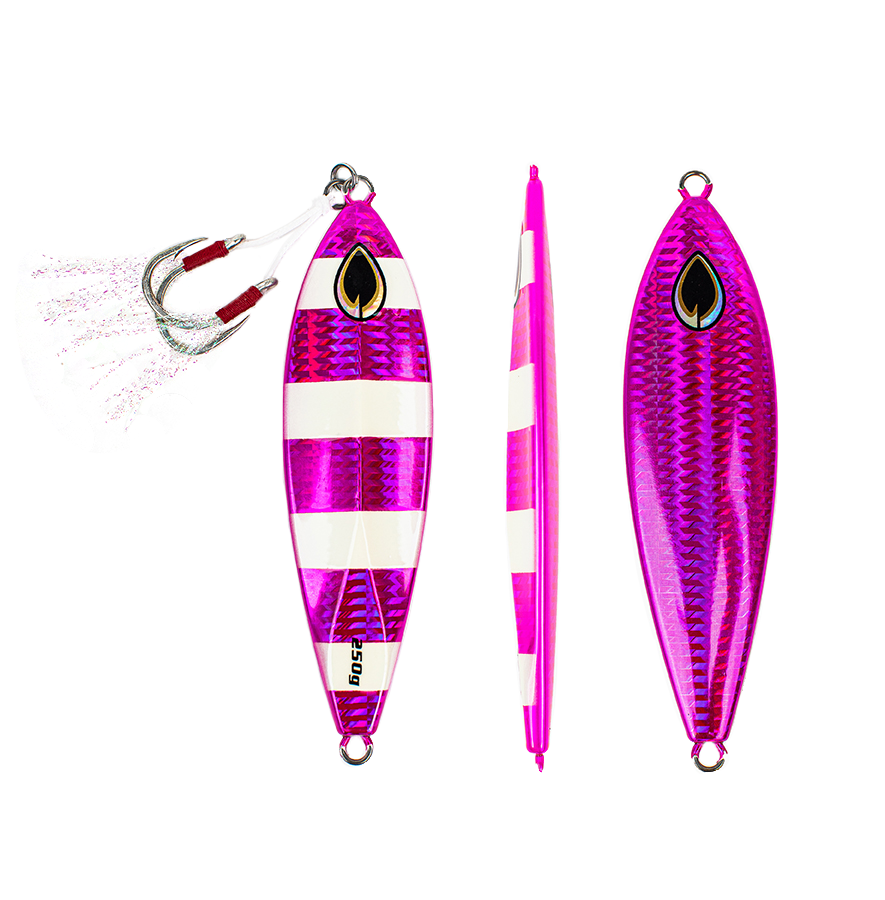Front, Side and Back of Pink Slow Pitch Flat - Fall Jig - PHATTY