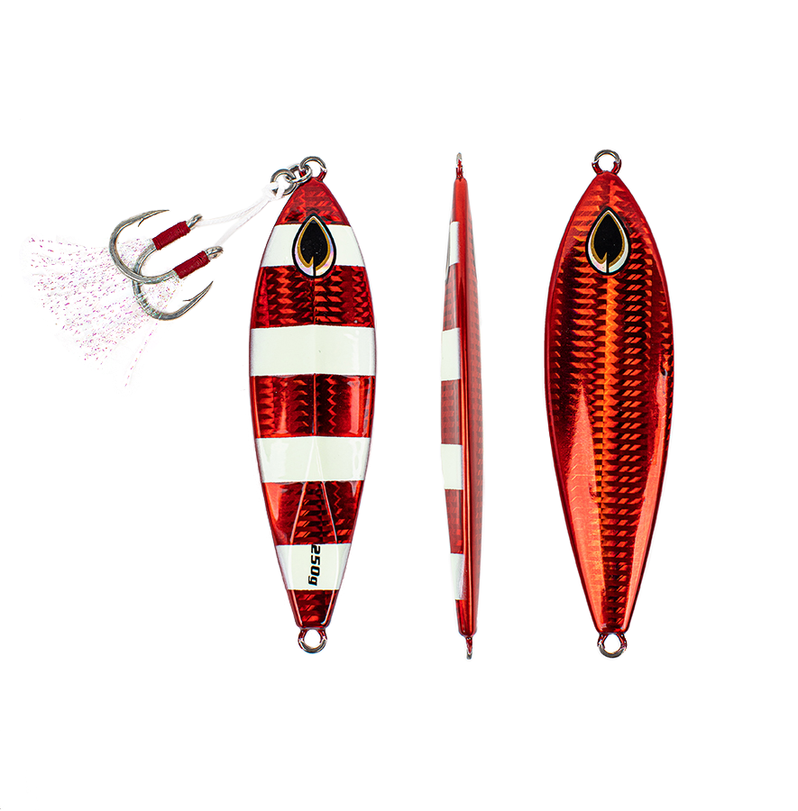 Front, Side and Back of Red Slow Pitch Flat - Fall Jig - PHATTY